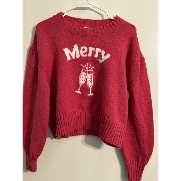 Kaisley Sweaters - KAISLEY Merry Cheers Crop Sweater Womens Sz L NWT PINK RASPBERRY Christmas